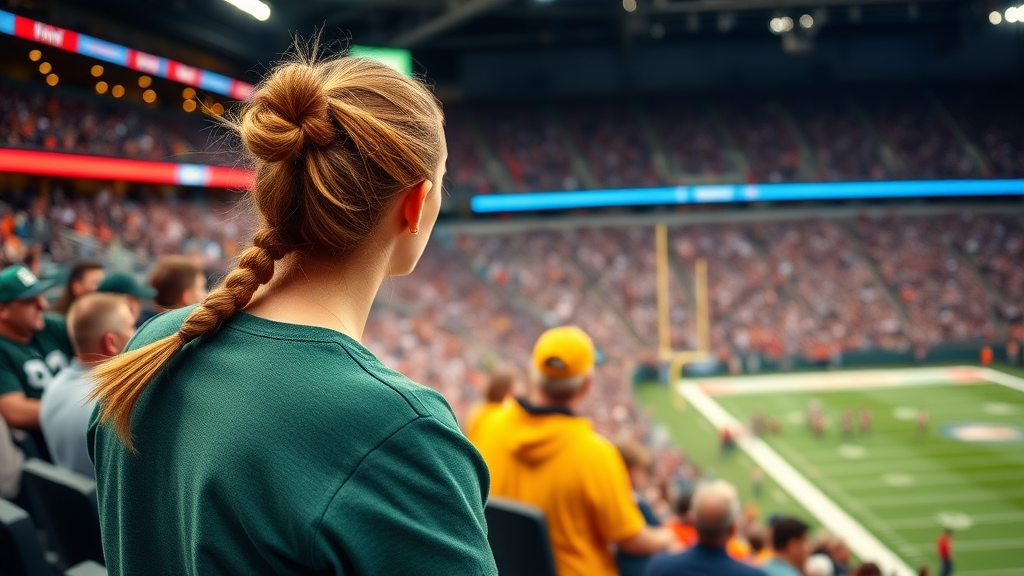 Attractive female NFL fan, pigtail hair, watching the game with her friends, inside crowded bleachers, NFL stadium