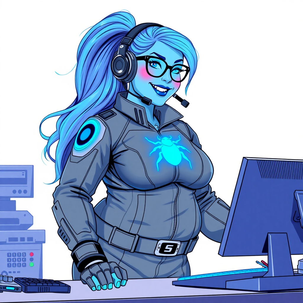 A nerdy, full figured light neon blue glowing skinned 29-year-old computer program hybrid with a long, light neon blue glowing ponytail. She wears maximum blue lipstick and has bright blue eyes. Her outfit includes a digital, computerized, middle gray biker suit featuring a neon blue glowing beetle chest icon. She sports a sapphire headset and black eyeglasses, with a beaming smile and neon red blush. Her full figure reflects the doting care of her vigilante boyfriend. As his tech expert, she works diligently at her lab table in their hideout. The background is solid white. She has a prominent, gargantuan, round midsection, titanic limbs, and broad shoulders. Her neon glowing light blue skin highlights her digital nature. She is drawn as if she was in a retro 2D cyberpunk fighting game.