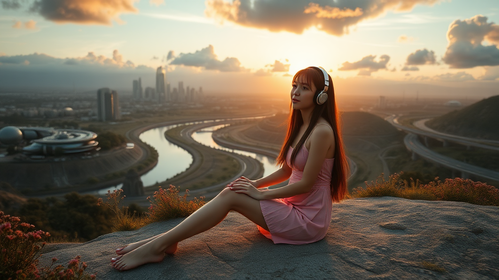 pretty asian woman with long hair in pretty short dress, sitting on the ground with headphones, on an alien planet with an alien city in the background, nice greenery, flowers, rivers, and nice sunrise clouds, highways and streets, ultra-realistic view and ultra-high cinematic detail