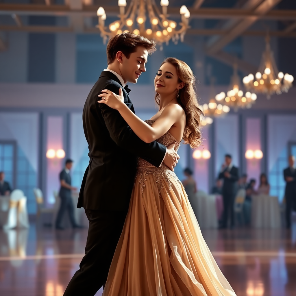 a young woman and a young man who are dancing together. she is wearing a long dress. makeup style. ballroom in background. view from far. photorealistic