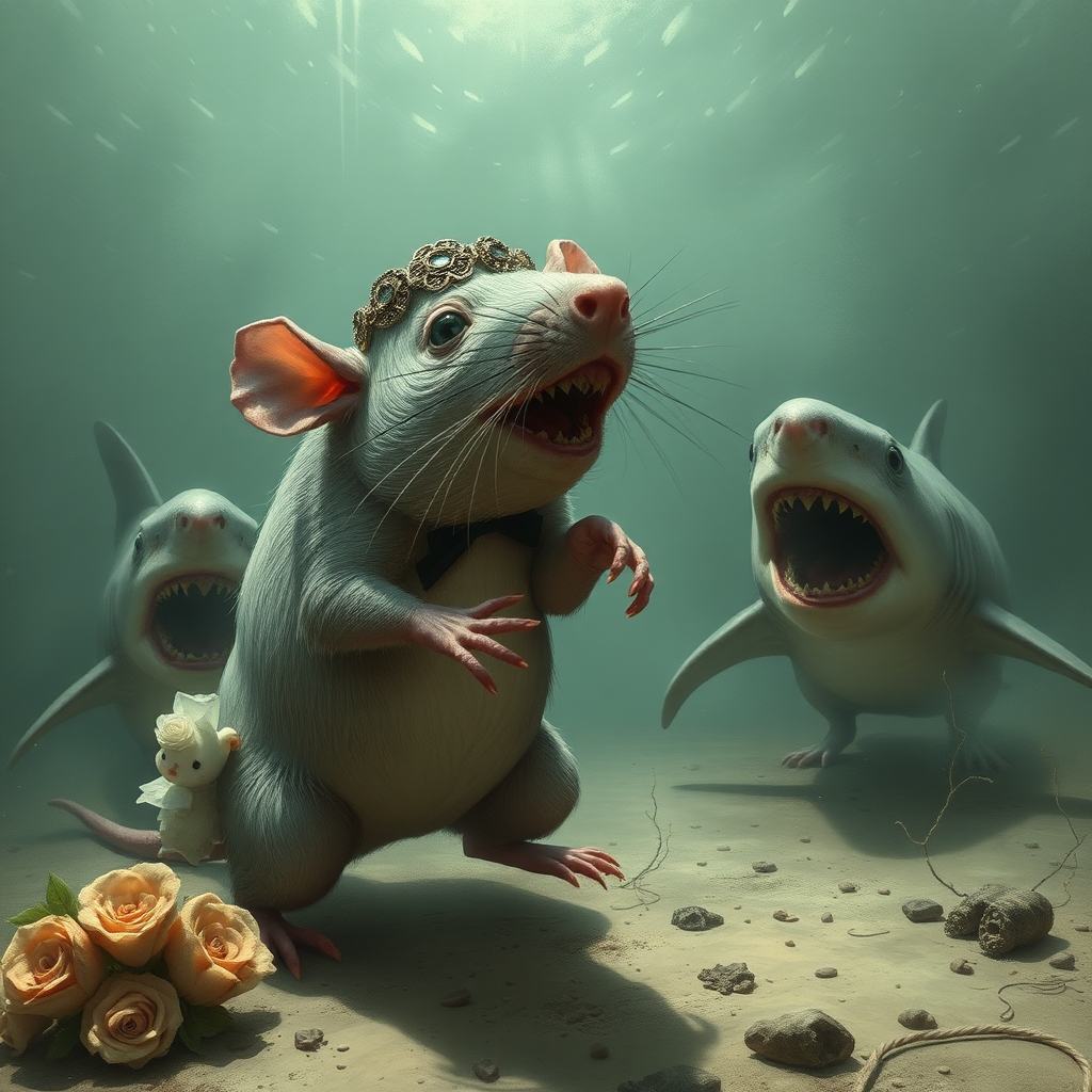 A rat wedding being attacked by hammerhead sharks, no text, Lovecraftian, sci-fi