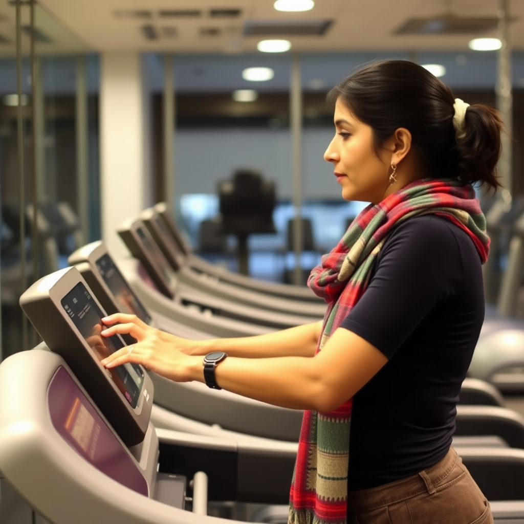 Indian wife, scarf head, working out on treadmill in gym