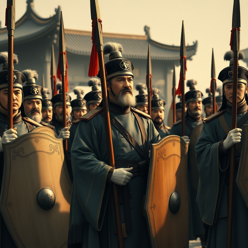 A group of Chinese Qing troops wearing Qing Dynasty military uniforms, holding long spears and shields, with serious expressions, standing neatly at the city gate, ink-wash painting style, dim light, side light, medium-shot perspective