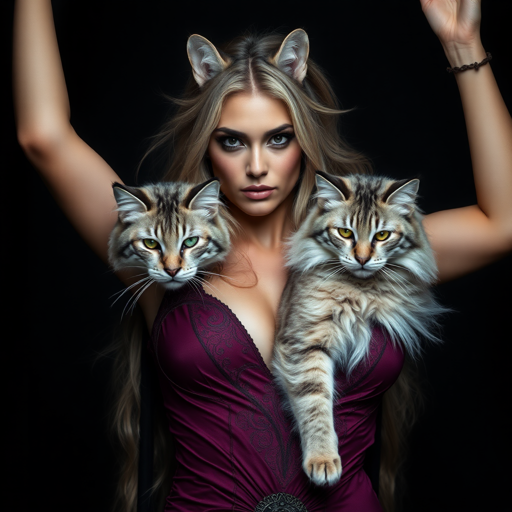 imagine: Terrifying sorceress looking sexy and irresistible. Her body is preternaturally perfect. Staring directly into the eyes of the viewer. Arms up high. She has a perfect Siberian Cat as a familiar.