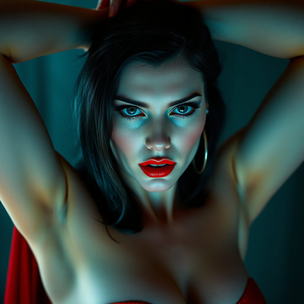 Create a HQ photographic image of Vampirella re-imagined in real-life. She is facing the viewer and is captured by a high quality SLR Camera. Her arms are raised high over her head.