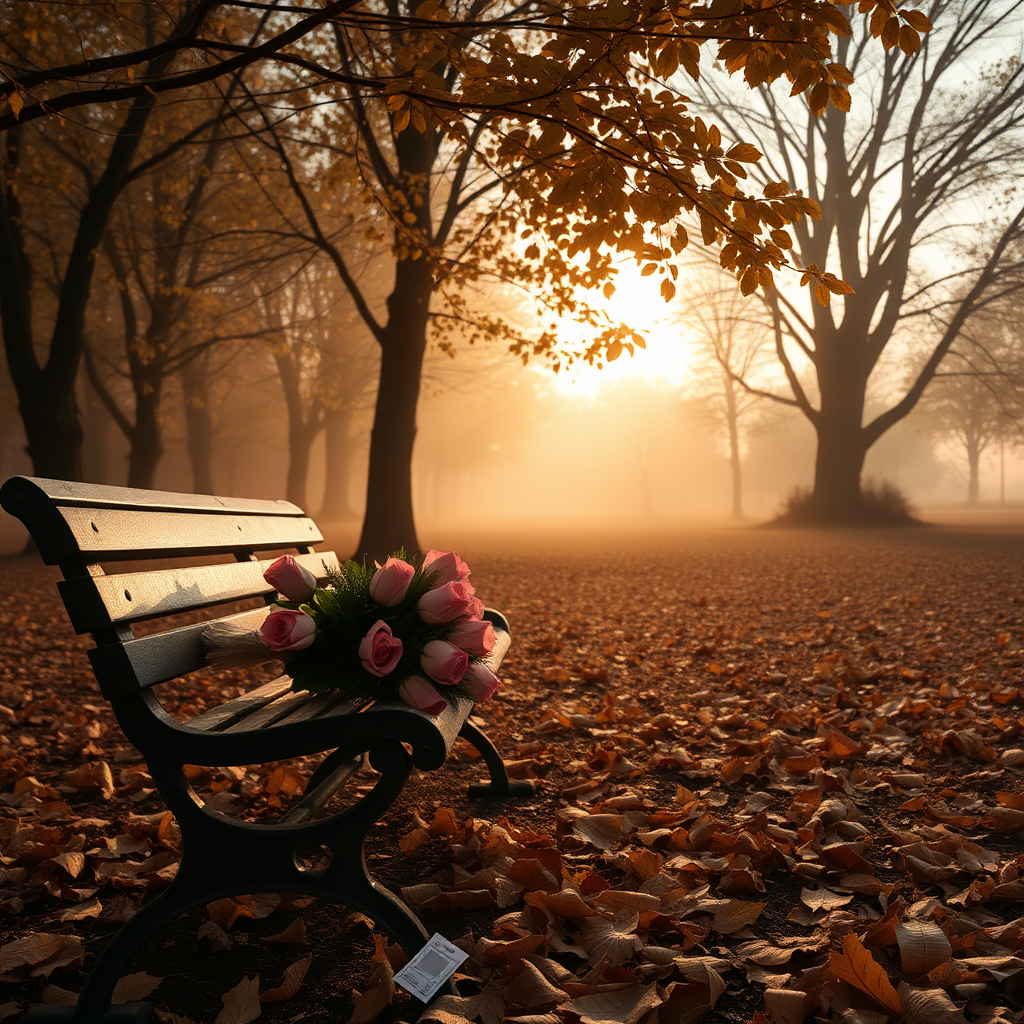 IN AN AUTUMN LANDSCAPE IN THE FOG AND A LOT OF DRY LEAVES A BOUQUET OF ROSE ON A PARK BENCH NEXT TO A TICKET FELL DOWN ALL OVER THE LANDSCAPE IN THE SETTING SUN