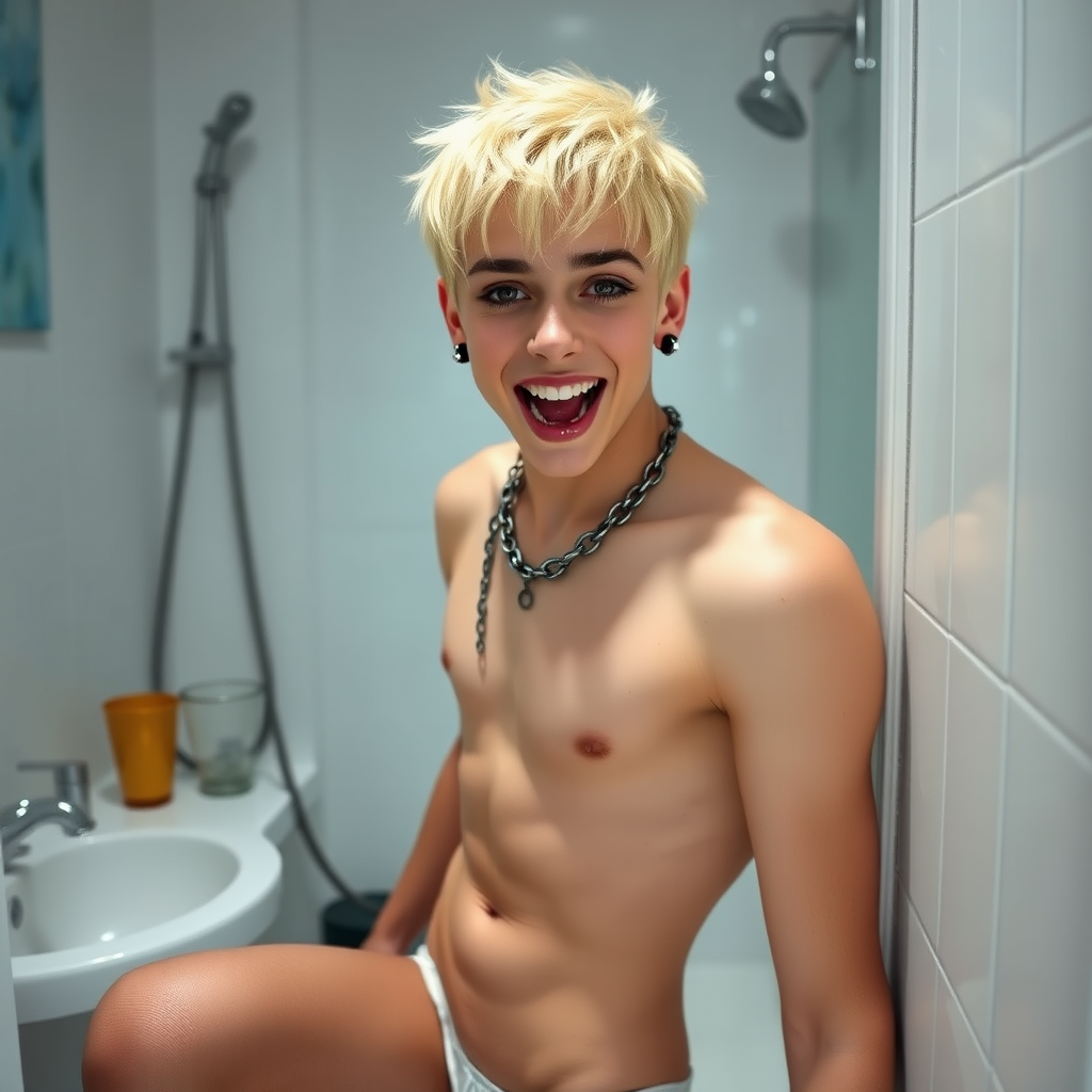 photorealistic, ultra high resolution, 16K, surreal fantasy, studio lighting, a pretty 16 year old goth boy, slim male physique, short blonde hair, goth makeup, earrings, spiky chain and leash, pantyhose, white ballet shoes, in the bathroom, excited smile, facing the camera, drooling from his mouth.