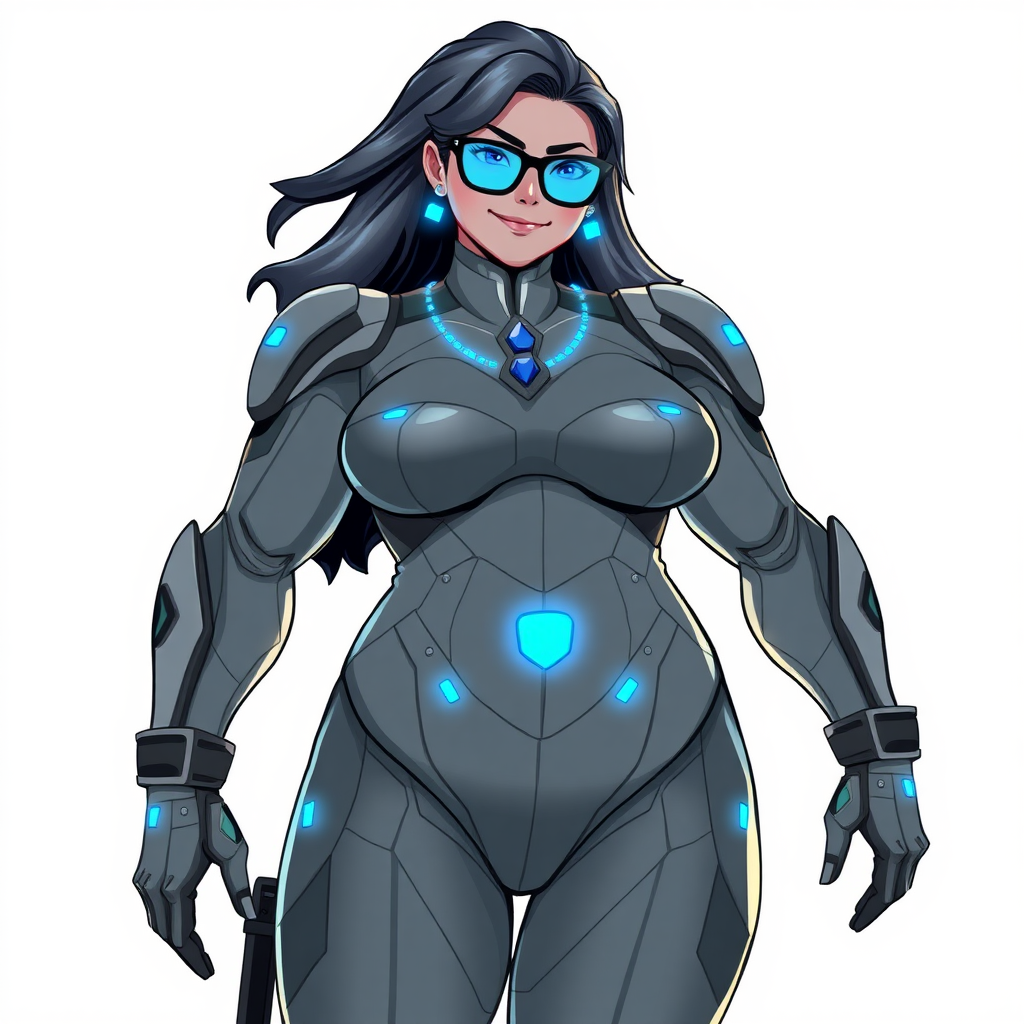 A 29-year-old computer science major, she is the devoted girlfriend of a vigilante and serves as his dotingly pampered, full-figured, nerdy, Middle Gray (N5) metallic digital sidekick. She has become a Computer Program hybrid, with a unique, metallic Middle Gray (N5) skin color that blends with her suit and hair, appearing to merge together as computer data. Her long hair, suit, and skin are all the same metallic Middle Gray (N5) all blending together to appear to merge as computer data. Her neon blue eyes are mesmerizing. Her full figure, especially her prominent, round, gargantuan midsection, shows just how heavily fed and pampered she is, with sequoia-sized limbs and broad shoulders.

As a loyal and supportive sidekick, she plays a crucial role in their missions, using her digital prowess to assist and protect. She wears a blue sapphire scarab necklace and blue sapphire earrings, which she received as symbols of their love before his 5-year disappearance. Her digital, computerized bodysuit, also the same metallic Middle Gray (N5), blends with her skin and hair (appearing to merge together like computer data). She is equipped with high-tech features, including holographic displays and integrated hacking tools. She has matching high-tech gloves. She emits neon blue data cubes from her body, set against a solid white background.

Heavily, attentively, and immensely pampered through being well-fed since their reunion, her full figure clearly shows the extent of care she has received. Despite her digital enhancements, she retains her human vulnerabilities, including hunger and sleep, and is not immune to human weaknesses. She has the ability to hack into computers and machines, and her nerdiness is blatantly obvious with her black oversized eyeglasses. Her full figure, especially her gargantuan midsection, is prominently displayed and heavily emphasized. Her outfit, influenced by DC’s Jennifer Knight Phantom Lady, remains distinct.

Despite her boyfriend’s limited resources, she assists in the war on crime by serving as a minicomputer, traveling in a high-tech wristwatch and supercar’s computer system. Using her hacking abilities, she relays crucial knowledge related to missions. She has a beaming smile. She is drawn as if she was in a retro 2D cyberpunk fighting game.