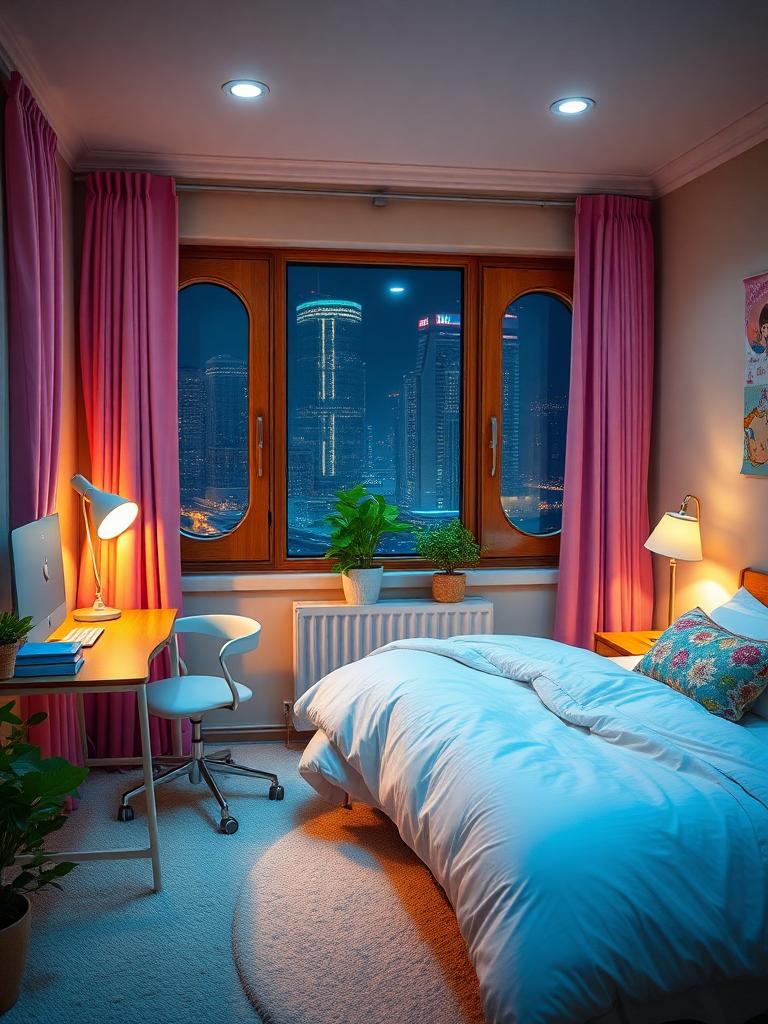 Cozy little house: Pink curtains, soft bedding, white computer, wooden window frames, city night view, warm lighting, blue bedspread, metal computer stand, beige walls, green plants, comfortable pillows, lights from tall buildings, minimalist desk, round windows, cartoon stickers, warm blankets, glass tabletop, modern skyscrapers, fresh floral scent, vintage desk lamp, soft carpet, colorful cushions, white sheets, real, reality, real, reality.