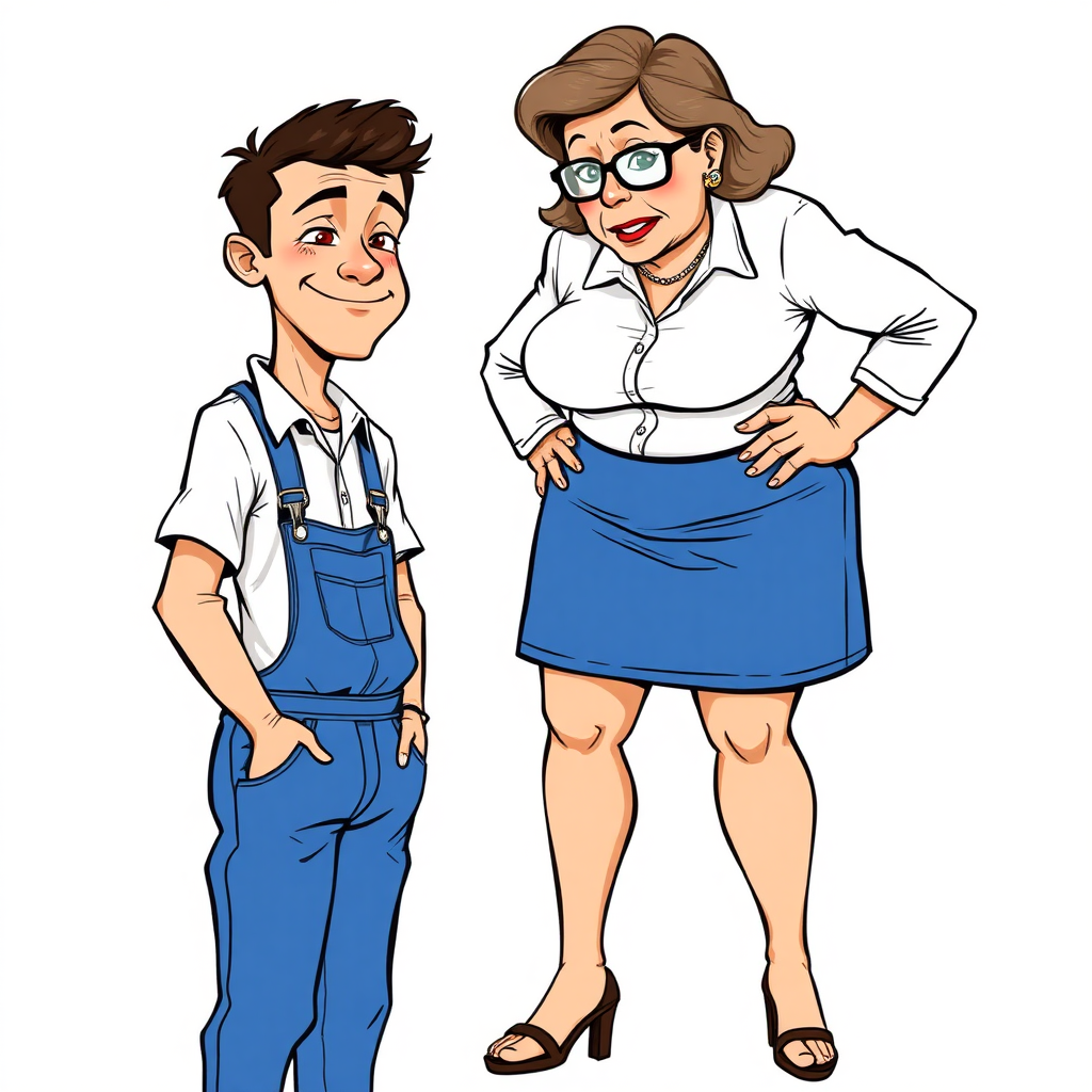 20 year old european skinny boy wearing work overalls is blushing excited while listening to a towering 55 Years old, European, Latina, sharp aquiline nose, wrinkles, high cheekbones, Middle Eastern, Skinny, Tanned skin, Dark light skin, Rounded Medium breasts, Skinny thighs, full Makeup, jewelry, Serious face, Sharp nose, blushing, Ash hair, short bowl haircut, Brown eye color, Glasses, with detailed features. Hands on hips, She is bent over the boy, she is wearing a white shirt and a blue skirt, detailed fabric.  full body, high heels sandals, long establishing shot, 2D, caricature, cartoon, Sketch lines, coloring book, nlack and white, coloring book style on white background, well composed, clean coloring book page, No dither, no gradient, strong outline, No fill, No solids, vector illustration