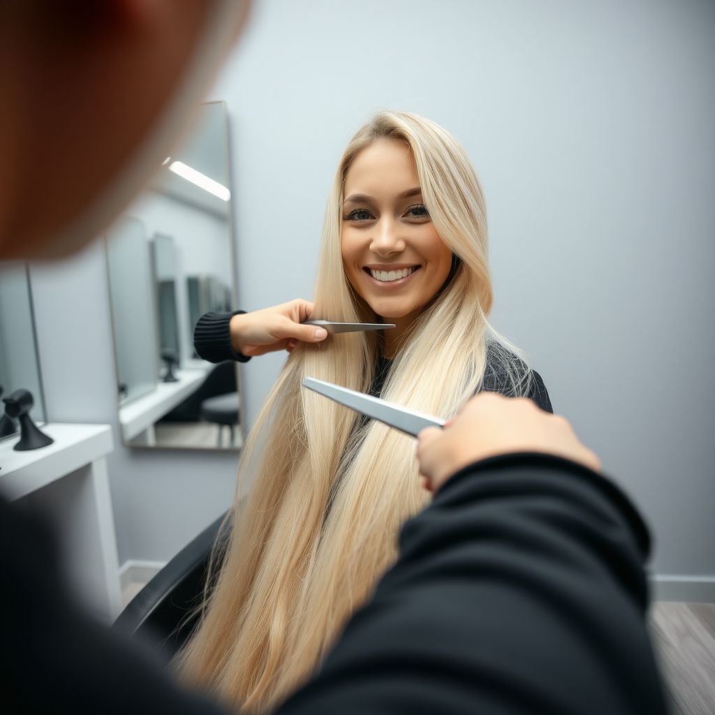 POV, beautiful very long haired blonde woman sitting in a hair salon smiling at the camera while I reach out from behind the camera to trim her very long hair. Plain gray background.