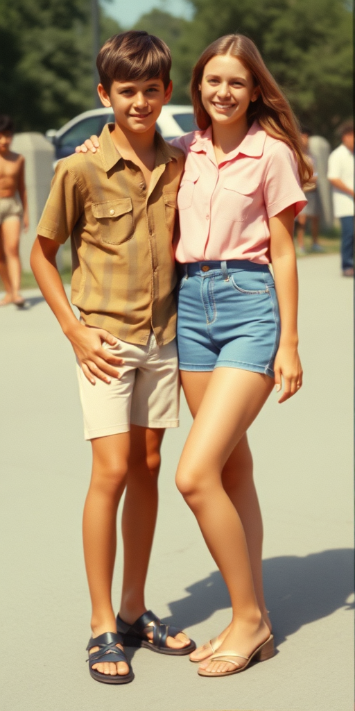 Vintage photo, 1980s. Hot summer. Chile. A tall skinny 13yo teen boy wearing short shirt, tight booty shorts, long legs, bare thighs. With a girl wearing shirt, long skirt. Full length view.