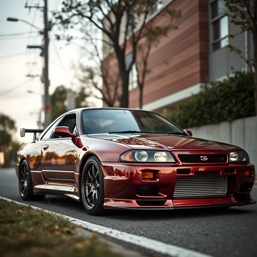 the car is parked on the side of the road, inspired by Taiyō Matsumoto, tumblr, restomod, nd4, c4 metallic shine nissan skyline r34