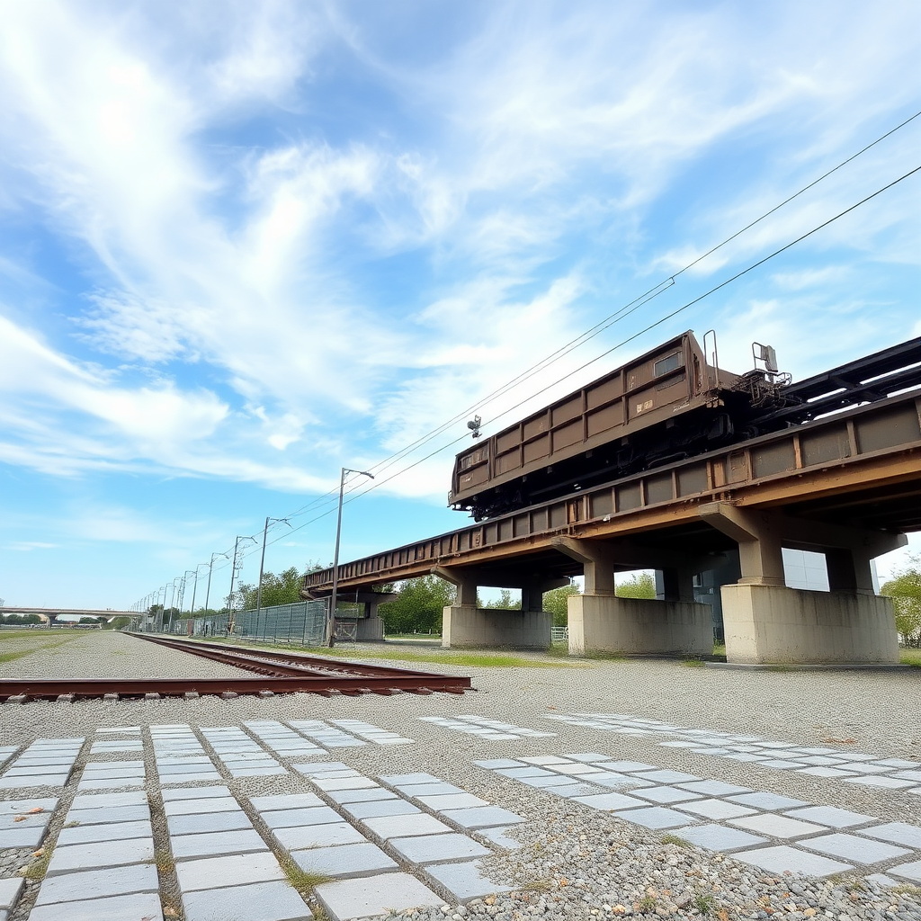 create me an image with the sky, an empty lot, elevated train tracks on stones, side view, profile view