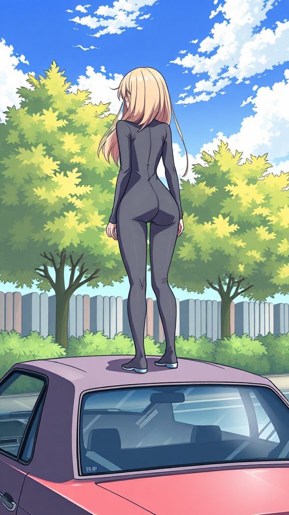 A anime drawing: A-cropped backside view one-piece tight-grey suit baddie-white girl long blond standing on top, legs split out on top of a car