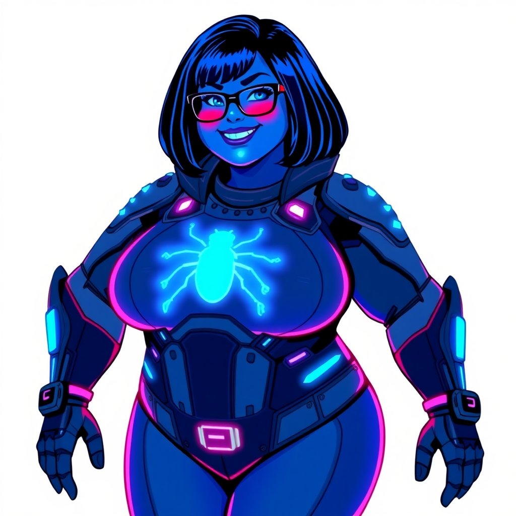 A full-figured 29-year-old computer science major, now transformed into a full-figured, maximum blue skinned nerdy digital sidekick for a cyberpunk vigilante, with maximum blue skin. Her bob cut seamlessly blends with her skin, forming part of her data, and her neon blue eyes glow intensely. Her full figure is defined by a prominent, round, wrecking ball-sized midsection, sequoia-sized limbs, and broad shoulders. As a loyal and supportive sidekick, she plays a crucial role in their missions, using her digital skills to assist and protect.

She wears a digital, computerized biker suit that blend with her hair and skin (appearing to merge together as computer data), featuring a maximum blue coloration and a neon blue glowing beetle chest icon, along with matching high-tech gloves. She bashfully giggles with a neon red blush, emitting neon blue data cubes from her body, set against a solid white background. Heavily pampered by her doting boyfriend, her full figure clearly shows this care. She has the ability to hack into computers and machines, and her nerdiness is blatantly obvious with her black oversized eyeglasses. Her full figure (especially her wrecking ball-sized midsection) is prominently displayed and heavily emphasized. Her outfit is influenced by DC’s Jennifer Knight Phantom Lady but remains distinct. She is drawn as if she was in a retro 2D cyberpunk fighting game. Ensure her skin tone is distinct from Inside Out's Sadness from any other character. Her proportions are bloated to emphasize her full figure.