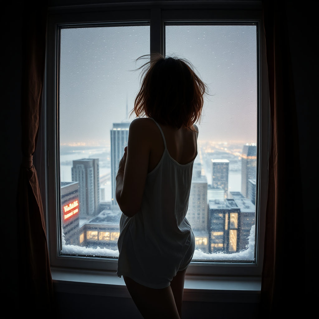 medium close-up candid photograph of a woman standing by a large snow window looking out over a bustling city at night, bedroom, wearing a loose tank top and panties, hand up against the window, messy brunette hair with auburn highlights, dark, shadows, extremely intricate details, masterpiece, enhanced contrast, highly detailed skin