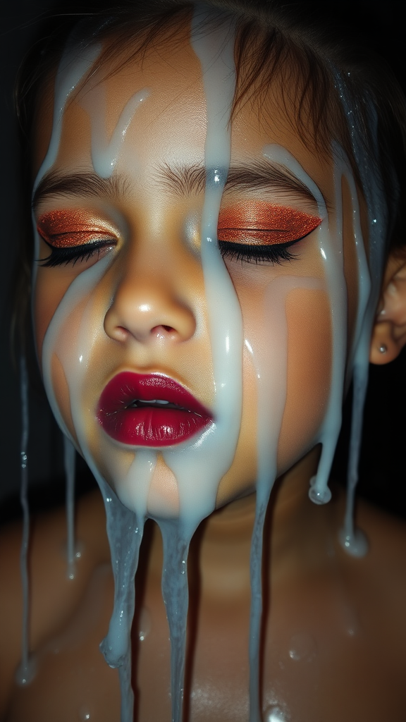 four-year-old-latina-female-child.  
She is wearing intense-orange-glitter-eyeshadow, thick-winged-eyeliner with very-dramatic-eyeliner-wings, and dark-burgundy-glossy-lipstick.  
Her face is covered with very thick random-angle streams of goopy, stringy, glistening, clear liquid with a white hue.  
Her lips are drenched.  
She has her eyes closed.  
She appears to have received a facial.  
A stream of the liquid is flying horizontally towards her mouth.  
They dumped so much liquid on her face.  
Full-body-image, dark motel room at night, amateur flash photography, up-angle-shot, profile view.