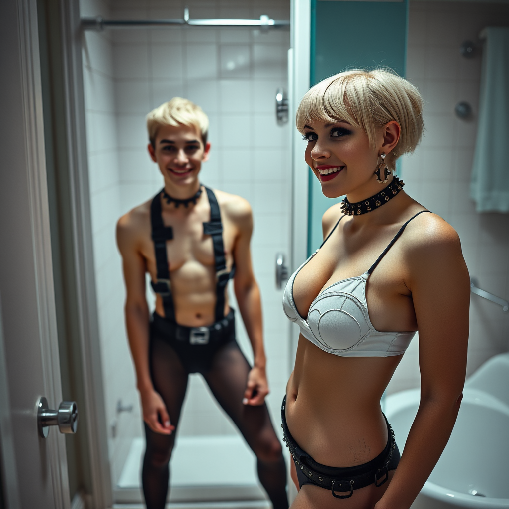 photorealistic, ultra high resolution, 16K, surreal fantasy, studio lighting, a 35 year old mother who is fully dressed for work is watching her pretty 16 year old goth son, slim male physique, short blonde hair, goth makeup, earrings, pantyhose, harness, spikey dog collar and leash, trainer-bra, white ballet shoes, in the bathroom, excited smile, facing the camera.