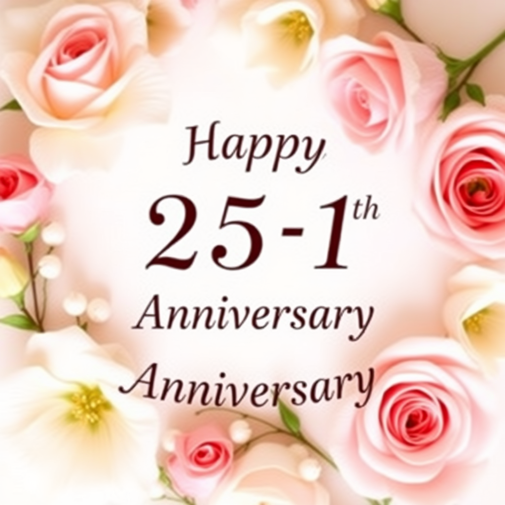 Create a soft, elegant image for a 24th wedding anniversary with a subtle 25-1 motif, blending celebration and love. Include delicate flowers, such as roses or lilies, arranged around a message that reads: "Happy 25-1th Wedding Anniversary". Incorporate soft pastel colors like pinks, creams, and whites. The overall vibe should be warm, romantic, and joyous, capturing the essence of love and commitment over the years. the text needs to be exact. do not omit the word "Wedding"