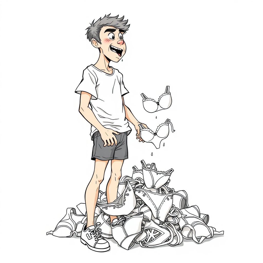 nervous short 20 year old european skinny man, short white t-shirt, standing, stunned, mesmerized, joyful, aroused, heavy drooling, heavy sweating, fumbling through a small heap of woman bras and panties, detailed fabric, side view, sneakers, detailed feet, 2D, caricature, cartoon, Sketch lines, coloring book, coloring book