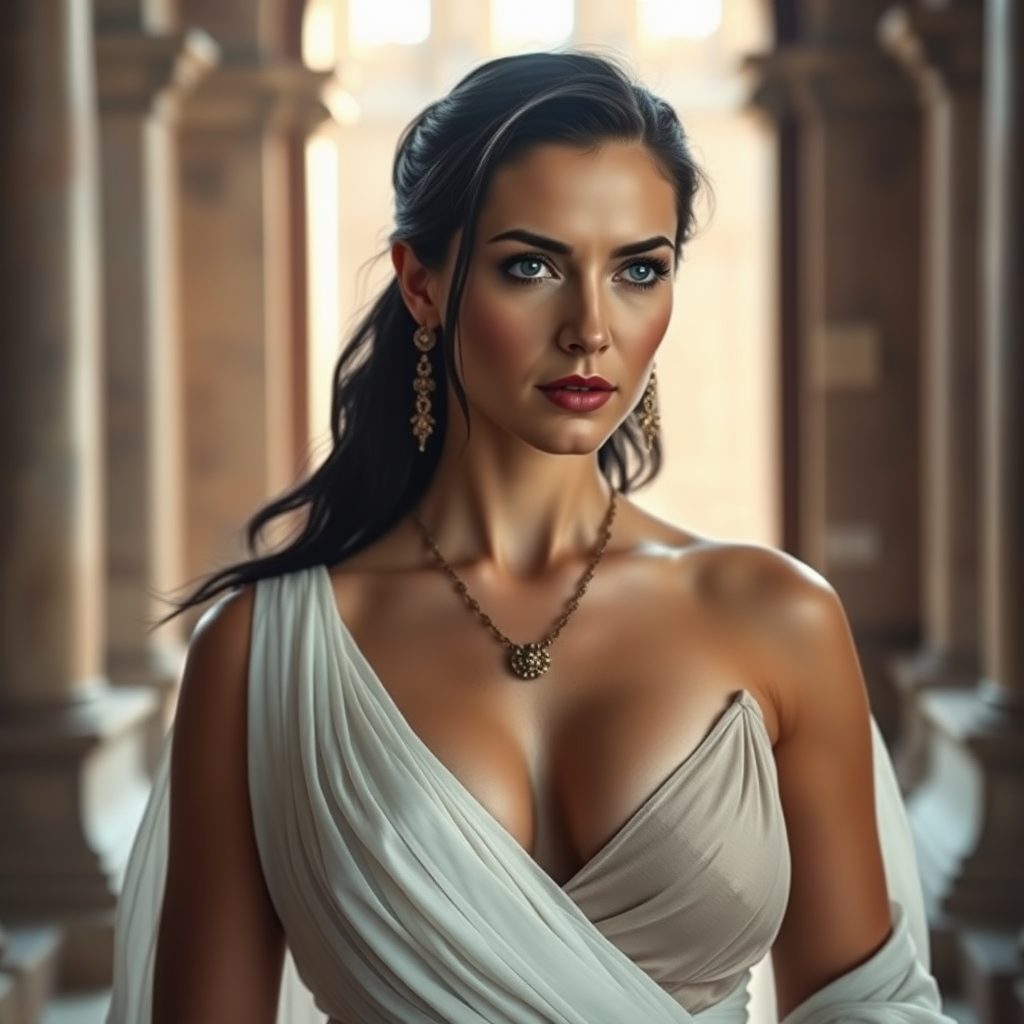 The female queen, aged 40, possesses pale skin complemented by striking grey eyes and a seductive gaze, with black Greek-style hair that frames her youthfully smooth visage with subtle wrinkles. Her attire consists of a sheer, white, low-cut Roman garment that exposes her ample bosom, allowing the skin of her breasts to peek through the fabric. She adorns herself with elegant earrings and a necklace, exuding a captivating MILF allure within the grandiose setting of a majestic castle, all captured under the dramatic flair of cinematic movie lighting and presented with ultra-high-definition 8k photographic detail.