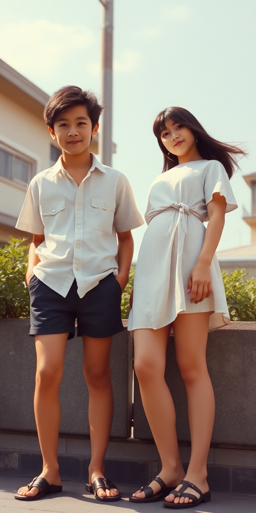 Vintage photo, 1980s. Hot summer. Japan. Tall 14yo teen boy wearing shirt, tight booty shorts, long legs, bare thighs. With a girl wearing shirt, long skirt. Full length view.