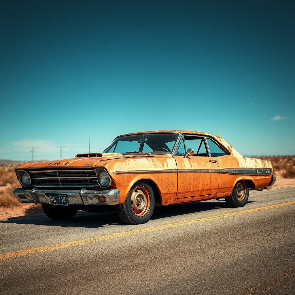 Ford Falcon Mad Max apocalyptic rusty the car is parked on the side of the road, inspired by Taiyō Matsumoto, Tumblr, restomod, ND4, C4