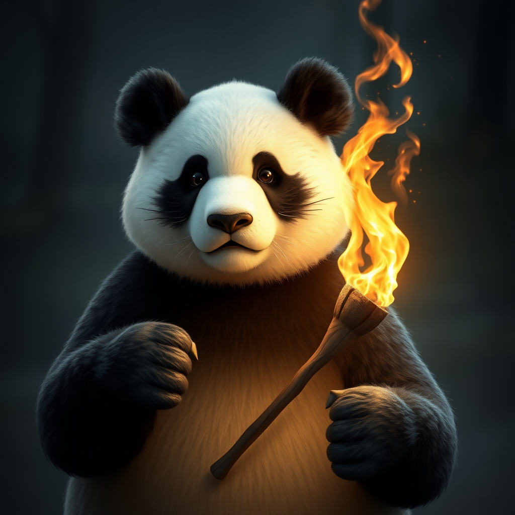 A photorealistic picture of a panda bear holding a torch