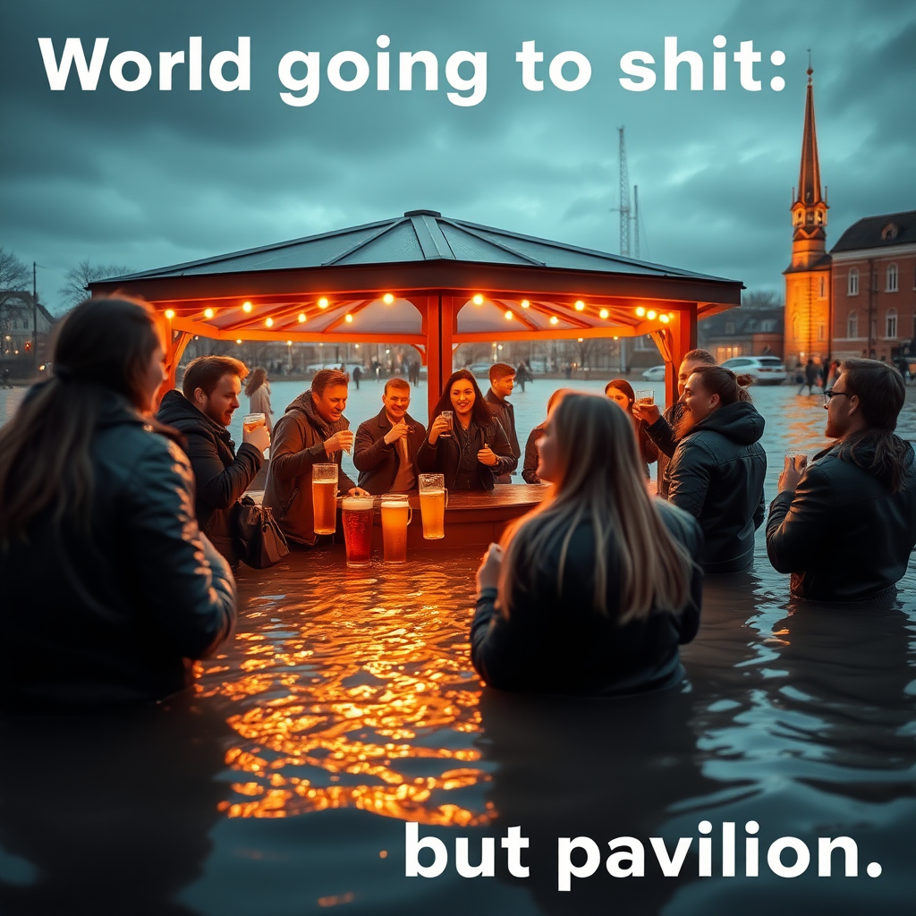 Create an image of a pavilion in a flooded environment and people comically partying on it drinking beer while the world is completely overflooded. Focus on the humorous contrast of the situation. Include the text "World going to shit" at the top and the bottom part should have the text "but pavilion". Make the image the central part of the image with warm glowing colors. Make it so the people's expressions on their faces are visible.

The background scenery should be that of Aarhus Denmark. The people should mainly have black leather jackets on and long hair.