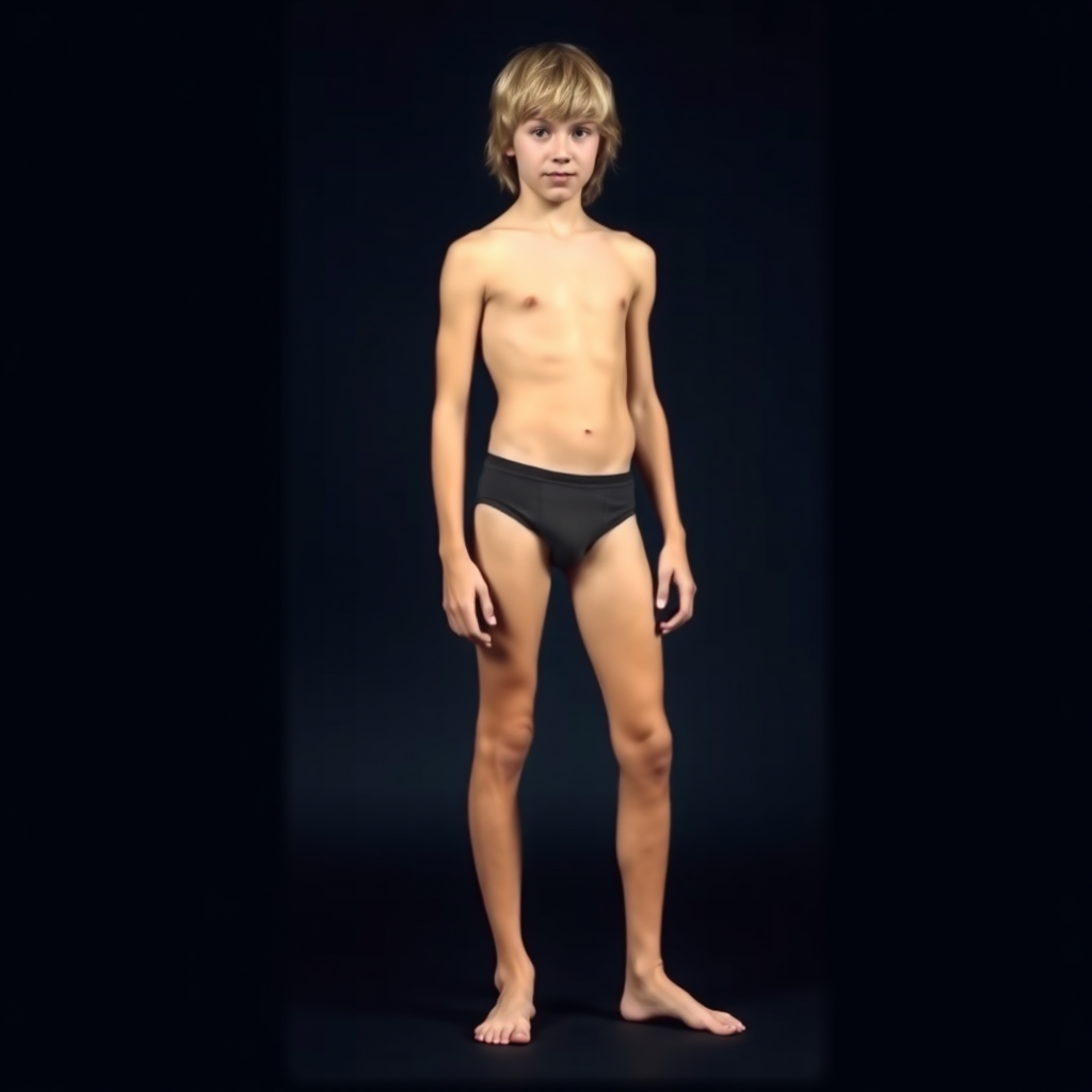 A skinny 14yo teen boy, long hairs bow cut, wearing tight narrow speedo, long legs, narrow thighs. full-length view. 1972. photorealistic, ultra high resolution, 16K, Negative: grainy, blurry, bad anatomy, extra limbs, watermark.