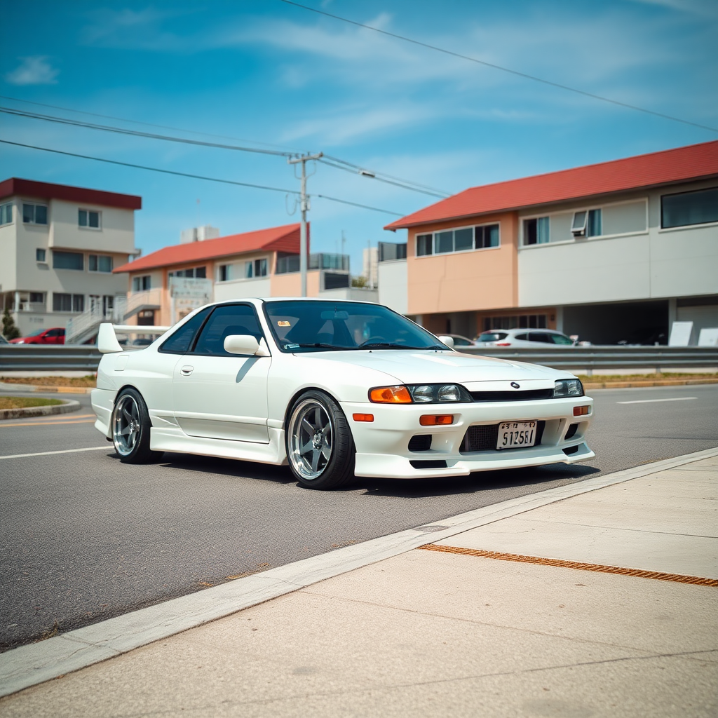 nissan silvia s14 the car is parked on the side of the road, inspired by Taiyō Matsumoto, tumblr, restomod, nd4, c4