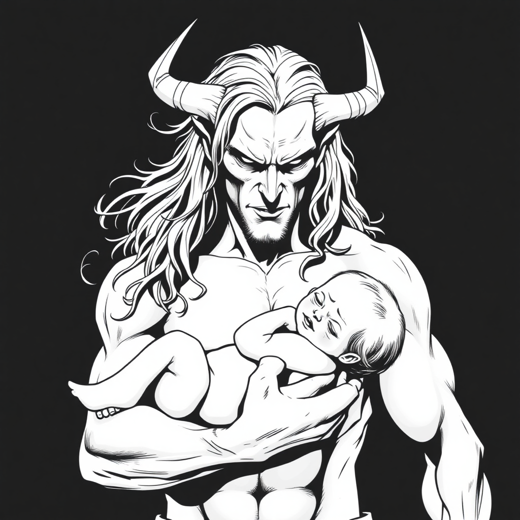 shirtless long hair demon man carrying baby, dc comics style, colorless, no shading