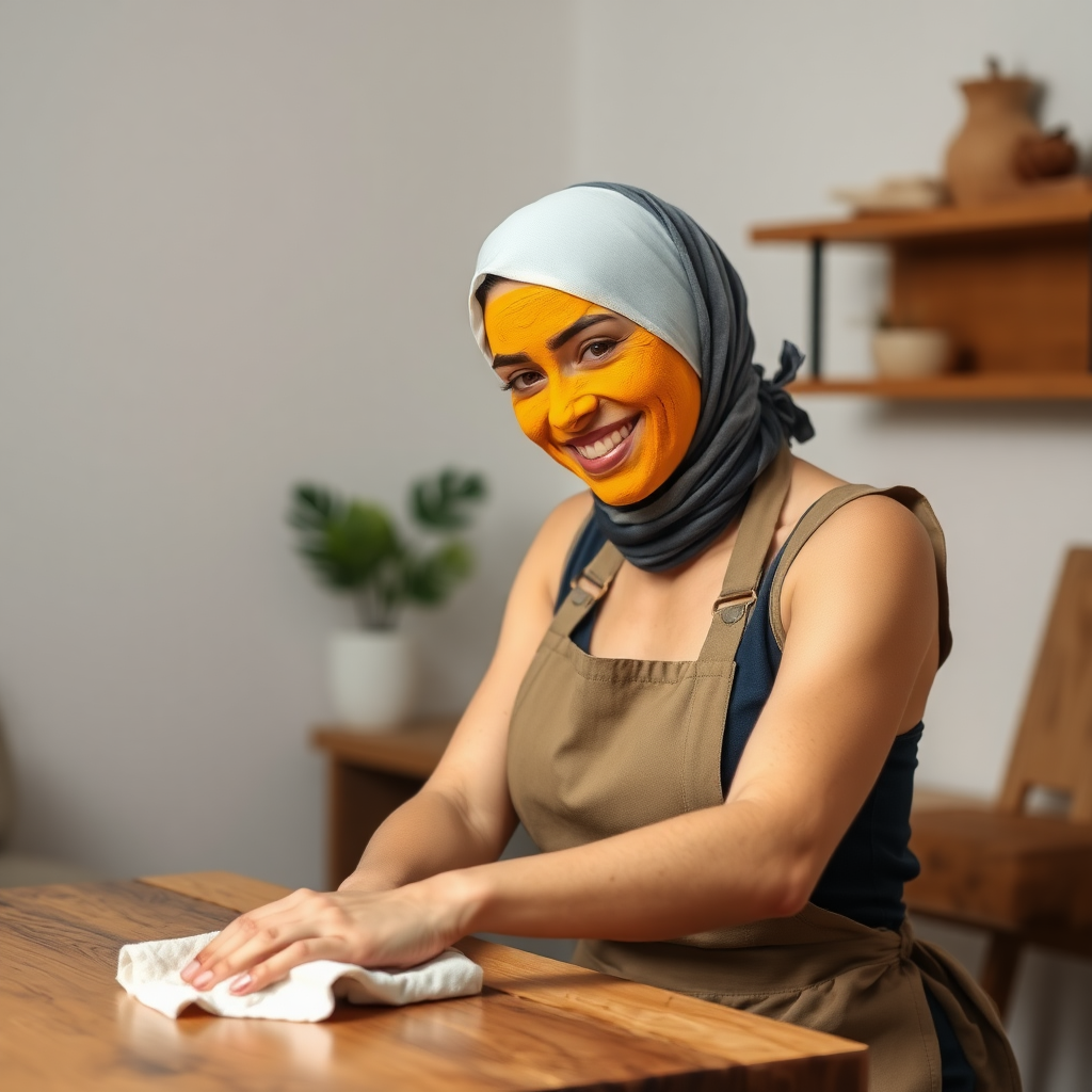 slim, 30 year old, sexy, french maid, short scarf head, turmeric face pack. She is smiling and cleaning a table with a cloth