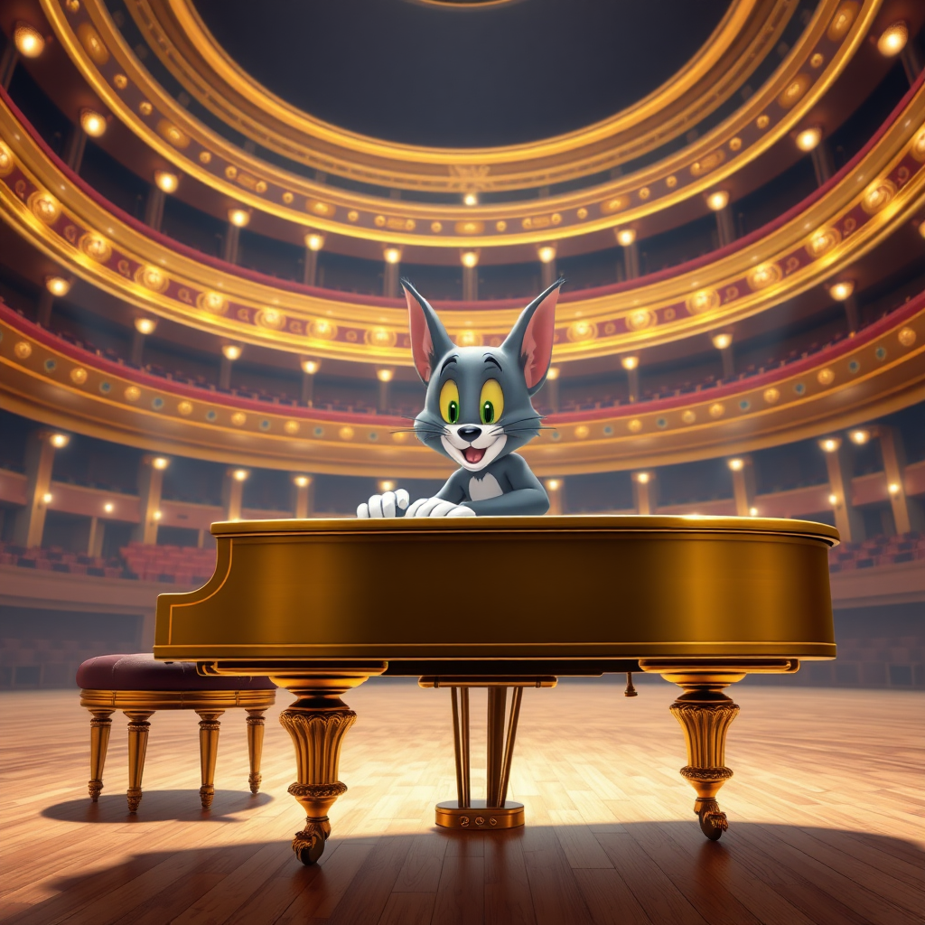 Tom from Tom & Jerry is playing on a golden grand piano in a giant concert hall in real 3d.