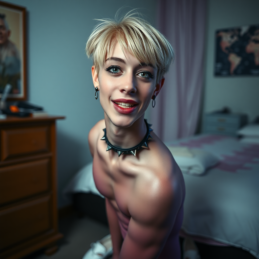 photorealistic, ultra high resolution, 16K, surreal fantasy, studio lighting, a pretty 14 year old goth male, slim male physique, short blonde hair, goth makeup, earrings, glossy purple pantyhose, white ballet shoes, spikey neck collar and leash, in the bedroom, excited smile, facing the camera.