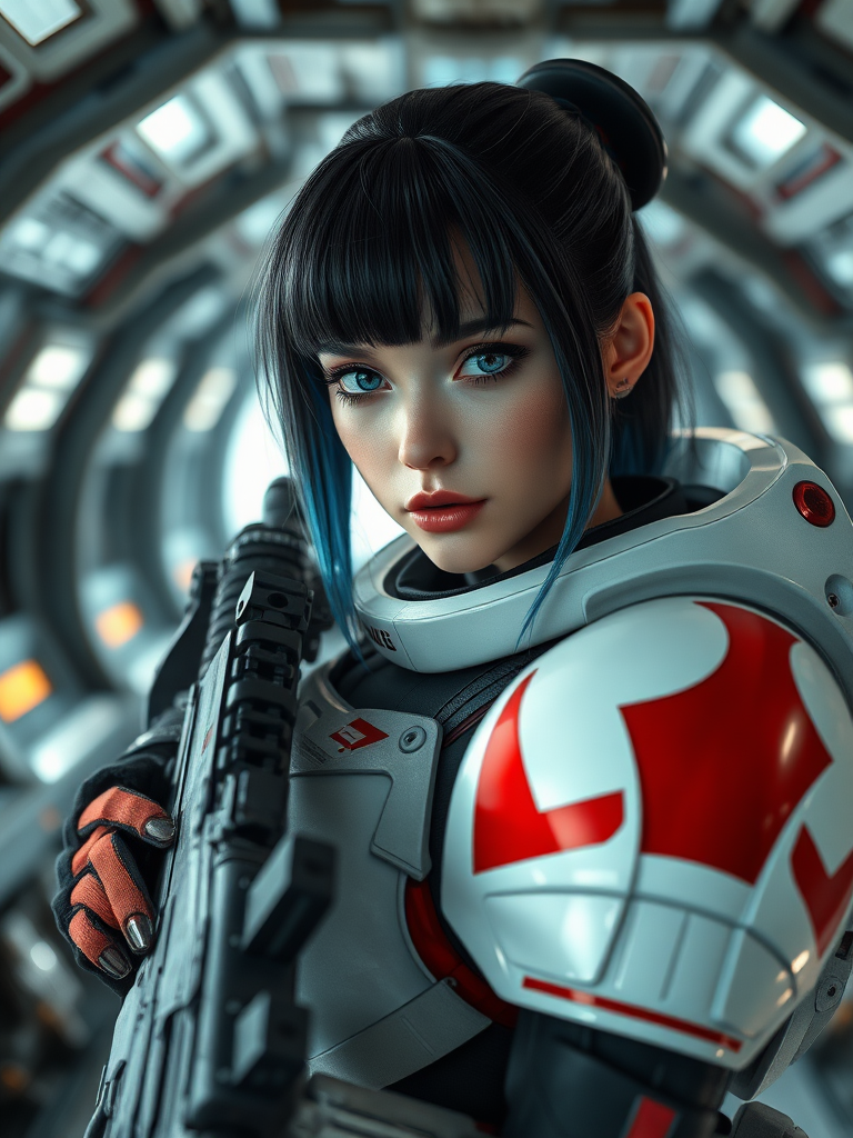 highly detailed photorealistic image, perfect composition, perfect lighting, intricate detail, female caucasian space marine, two-tone hair, black with blue highlights, bangs, pale blue eyes, white and red body armor, holding assault rifle, spaceship bridge, RAW photo, HD32K, absurdres, cowboy shot