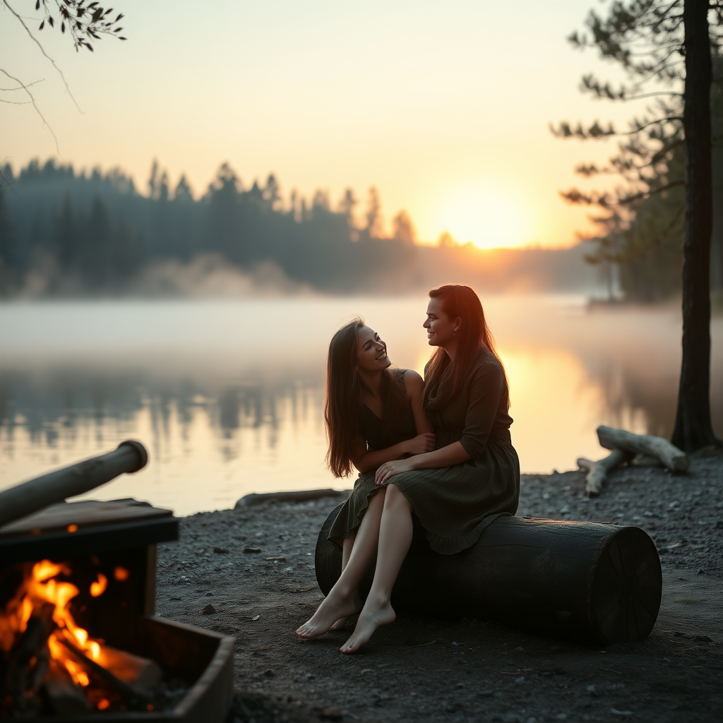 A young woman and her friend sitting on a trunk next to a fireplace at the shore of a lake. She has long brunette hair. She is wearing a dress. Barefoot. She is looking at him with love. The sinking sun is falling through the trees. A little fog is rising from the lake. Light like in a fairy tale, a bit mystic. Photo.