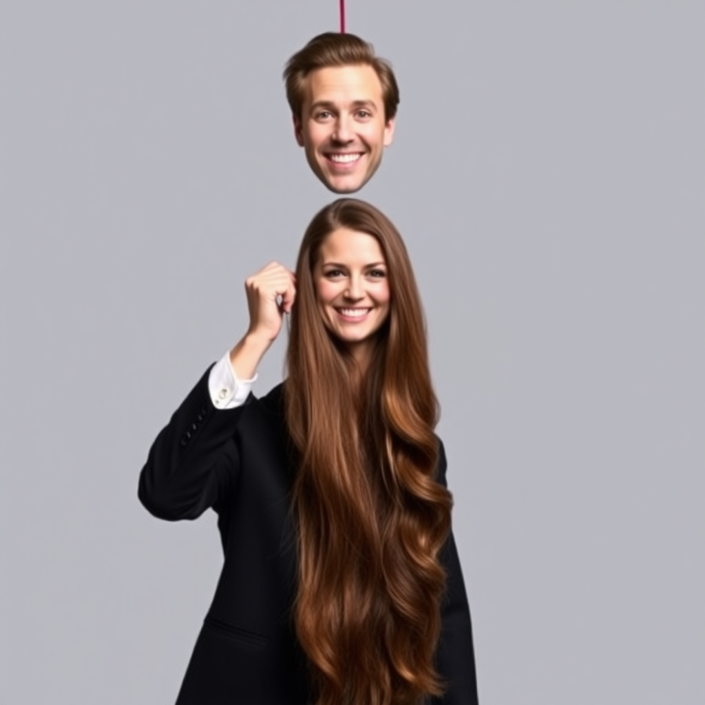 A surreal image of a smiling male magician holding up the disembodied head of a very long-haired Kate Middleton. He is grabbing her very long hair and pulling it up high in the air, while her head is hanging by her hair from his grasp to display it to the camera. Plain gray background.