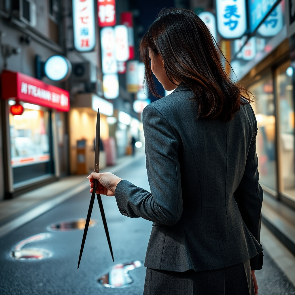 the back of a young Japanese businesswoman. She holds a pair of long scissors at her side. The scissors are pointed towards the ground. She wears a grey blazer and a grey skirt and faces the camera. The lights from the shops in the alleyway glint off of the scissors. The lights from the shops in the alleyway are reflected in the rain puddles scattered on the asphalt of the ground. It is late at night.