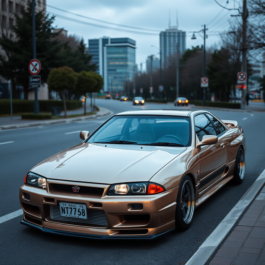 The car is parked on the side of the road, inspired by Taiyō Matsumoto, tumblr, restomod, nd4, c4 metallic shine nissan skyline r34 kalabalik tokyo gece arkaplan