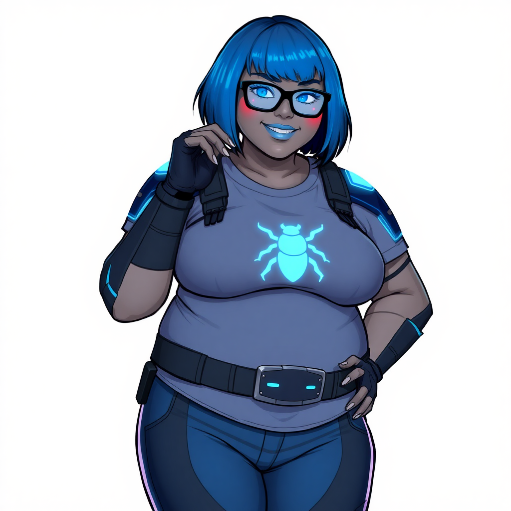 A 28-year-old, full-figured, metallic Middle Gray (N5) skinned, computer program hybrid with a maximum blue bob cut. She has a non-athletic, full-figured build, highlighted by a prominent, round, large midsection (with heavy emphasis on her large belly). As the full-figured, nerdy, digital sidekick to her cyberpunk vigilante boyfriend, her metallic middle gray (N5) skin and maximum blue lipstick emphasize her digital nature. She wears a digital, computerized costume inspired by DC’s Carrie Kelly Robin, consisting of a huge, tight-fitting, maximum blue t-shirt with a neon blue glowing beetle chest icon, hi-tech shoulder pads with neon blue glowing accents, a black hi-tech belt with a digital neon blue glowing buckle, digital maximum blue pants with neon blue accents, and black hi-tech gloves with neon blue glowing accents. Her bright blue eyes, black eyeglasses with neon blue glowing lenses with a built-in HUD, and shy smile with neon red blush accentuate her nerdiness. She stands bashfully with one hand behind her back and the other hand gently touching her cheek, her costume covering all her skin and emphasizing her full-figured physique (especially her belly). She is clearly non-athletic, with a heavy focus on her large belly. Despite her build, she radiates beauty. She has a slim face compared to her physique, accentuating her radiant beauty. She is on a solid white background. She is drawn as if she were in a retro 2D cyberpunk fighting game.