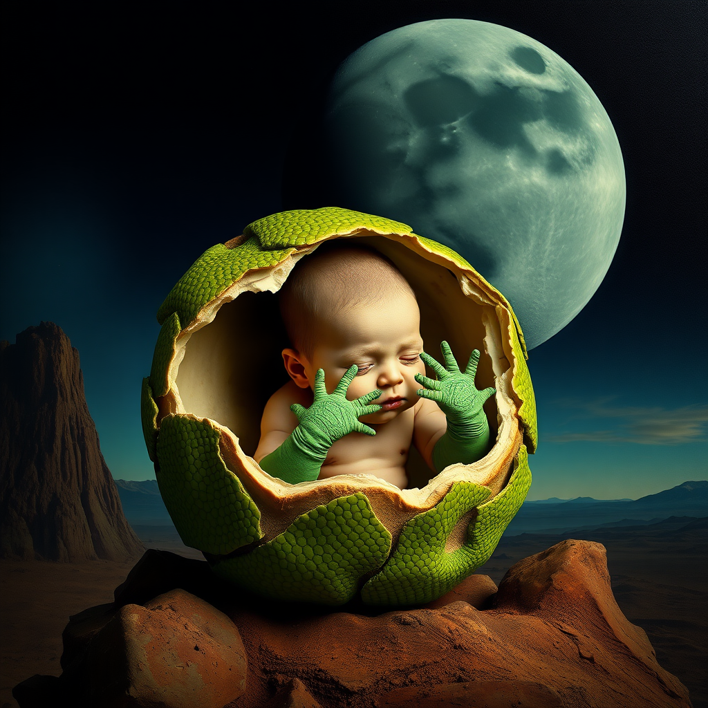 Create a photorealistic mix picture in Salvador Dali style. With a fresh newborn human baby hatching from what looks like a green reptile egg. The baby has reptile hands. Scene: moon landscape.