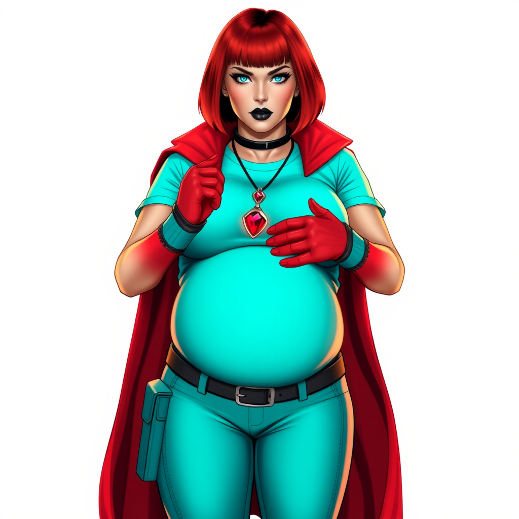 A 26-year-old, full-figured, magical girl vigilante detective becomes the heavily pampered mystical ally of her cyberpunk vigilante older brother figure. She has a bright red bob cut, black lipstick, and piercing bright blue eyes. She has a new non-athletic build, now highlighted by a prominent, round, gargantuan midsection (fully focused on her gargantuan belly), which shows the aftermath of her new pampered lifestyle. Despite her pampered physique, she shows full confidence. She wears a magical girl detective costume consisting of a gargantuan, magical, tight-fitting, maximum turquoise t-shirt (accentuating and emphasizing her gargantuan belly), maximum turquoise biker pants, complemented by a glowing neon red cape, a mystical ruby amulet (which is the source of her mystical powers), and magical red gloves glowing neon red. Her magical girl detective costume covers all her skin and emphasizes her full-figured physique (especially her gargantuan belly). Her stance is firm and resolute, arms crossed, exuding a no-nonsense attitude. Her costume reflects the influence of DC New 52 Prime Earth’s Phantom Lady, Jennifer Knight, while her pose embodies the moral ambiguity and determination reminiscent of DC’s Pax Americana’s The Question. She is on a solid white background. She is drawn as if she was in a retro 2D cyberpunk fighting game. She is clearly non-athletic, with a focus on her full-figured physique (especially her gargantuan belly). Make sure that her costume covers all of her bare skin (especially her gargantuan belly).