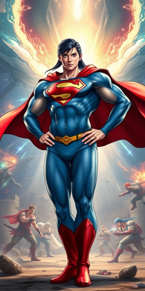 Create a full-length, highly detailed image of Superman with the female body of Chun-Li, from the Street Fighter video game, standing in a dynamic battle scene. Superman, appearing surprised and bewildered, maintains his iconic red cape and "S" emblem but has Chun-Li's muscular build and blue outfit. He stands amidst an intense showdown with alien forces, the backdrop featuring a dramatic rip in the cosmic fabric of the universe. The scene should blend comic book and video game art styles, emphasizing both the chaos of battle and the character's astonishment at his transformation.