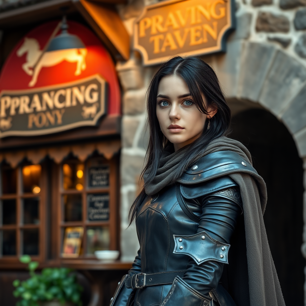 beautiful young woman, dark hair past her shoulders, blue eyes, small, slim figure, wearing full leather armor suit, long cloak, standing next to medieval tavern with sign: "Prancing Pony".