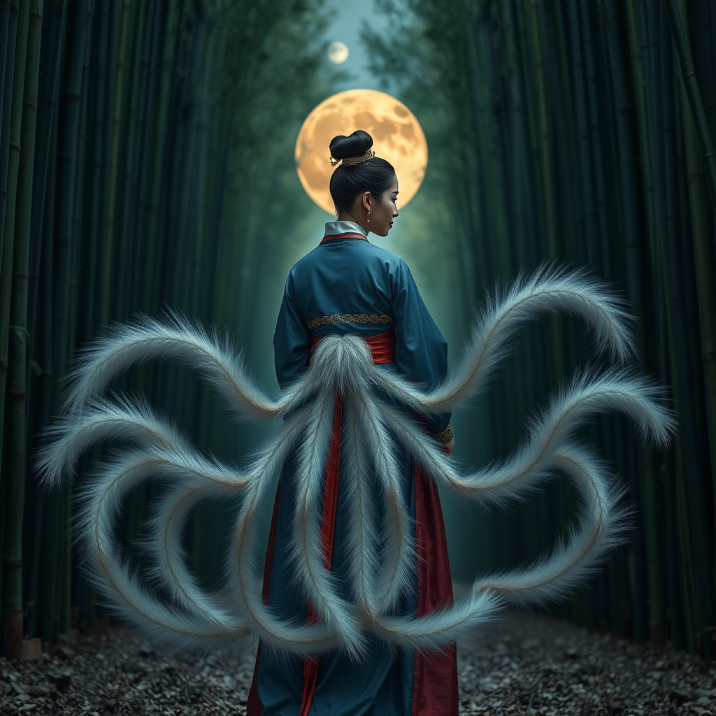 A Korean Woman in an ancient Hanbok, with nine silver white one meter long foxtails that come from her ass, in front the full moon in a bamboo forest