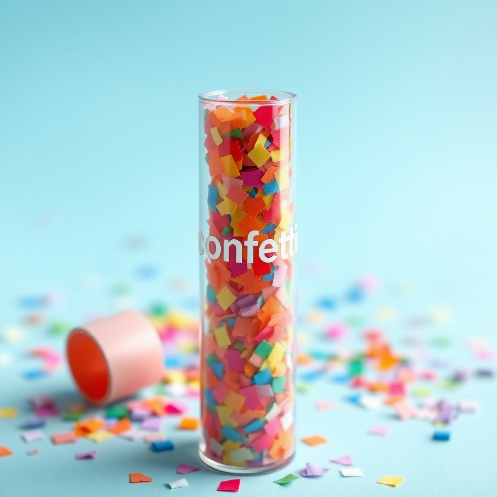 colorful confetti popper tube with text "confetti" on it