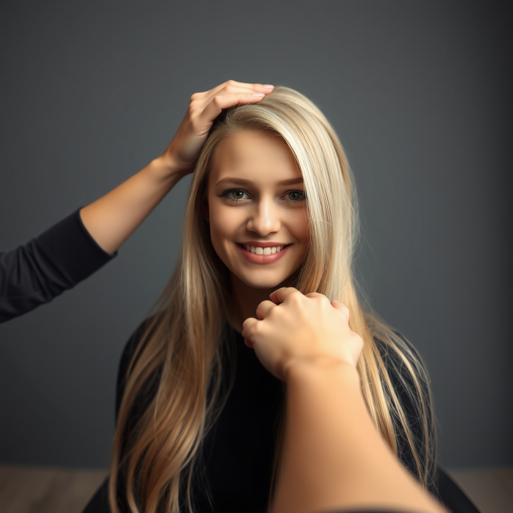 POV, beautiful very long haired blonde woman sitting in a hair salon smiling at the camera while I reach out from behind the camera to massage her scalp.  Plain gray background.