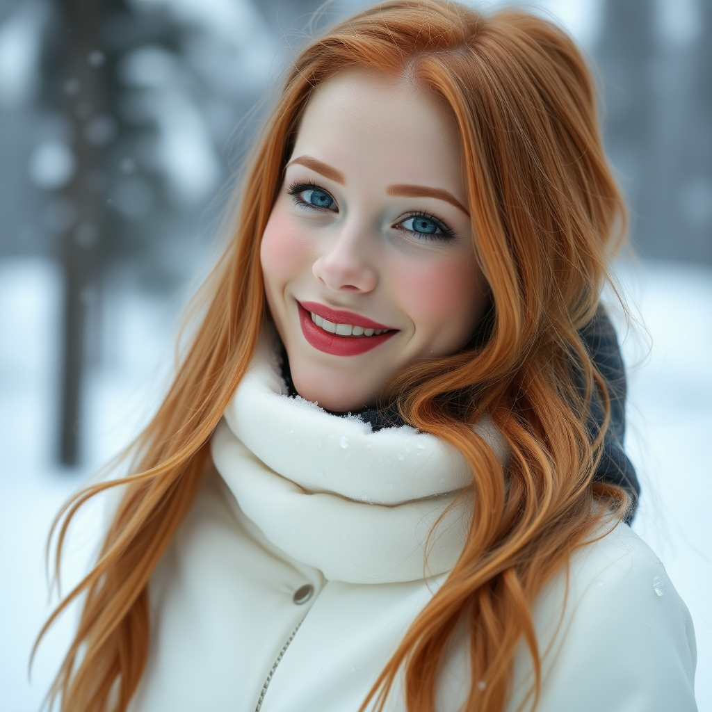 beautiful young elegant woman with ginger long hair, full lips, pale skin, on Alaska Anchorage happy in the snow